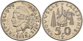 Французская Новая Каледония 50 франков 2012 хижина среди сосен и пальм, (IEOM) KM 13a, Schoen 15a, Lec 128i медно-никель 4111-1025