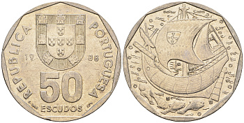 Португалия 50 эскудо 1988 парусник KM 636 медно-никель 221-443