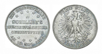 Франкфурт 1 талер 1859 100 лет со дня рождения Фридриха Шиллера AKS 43; Dav. 650; Kahnt 167; Thun 139, KM 359 серебро UNC 00-816-60