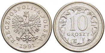 ПОЛЬША 10 ГРОШЕЙ 1991 MW KM 279 медно-никель 112-1233