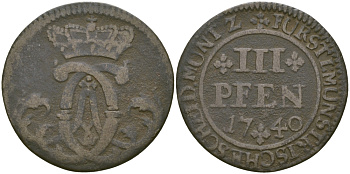 Мюнстер 3 пфеннига 1740 KM 170 медь 65-641