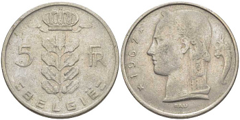 Бельгия 5 франков 1967 Belgie, Бодуэн I (1951-1993) KM 135.1 медно-никель 119-816
