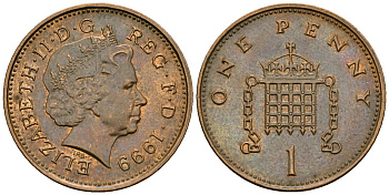 Великобритания 1 пенни 1999 Елизавета II (1952-2022) KM 986, Spink 4710 (B5) сталь плакированная бронзой 4135-457