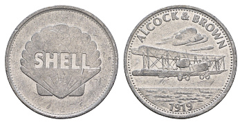 Франция жетон Shell - Человек в полете - Артур Браун и Джон Олкок, 1919 1969 диаметр 26 мм, вес 1,7 гр алюминий 4656-333