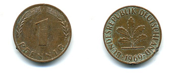 ФРГ 1 ПФЕННИГ 1969 J KM 105, J.380 сталь плакированная медью 54-1156