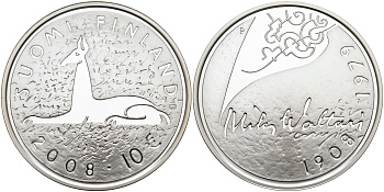 Финляндия 10 евро 2008 Мика Валтари, писатель KM 142 серебро  PROOF 11-114-33
