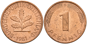 ФРГ 1 пфенниг 1981 G KM 105, J. 380 сталь плакированная медью    4598-618