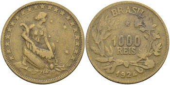 БРАЗИЛИЯ 1000 РЕЙС 1924 ФИГУРА С РОГОМ ИЗОБИЛИЯ ВПРАВО KM 525 алюминиевая бронза 4529-343