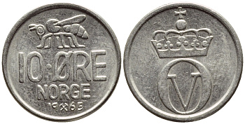 НОРВЕГИЯ 10 ЭРЕ 1965 ПЧЕЛА KM 411 медно-никель 4396-415