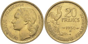 Франция 20 франков 1950 В, петух, 4 ПЕРА KM 917.2, Le Frank 402.4 алюминиевая бронза 4519-627