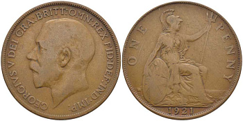 Великобритания 1 пенни 1921 Георг V (1910-1936) KM 810, Spink 4051 бронза 115-213