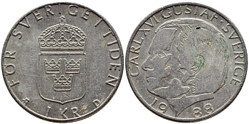 Швеция 1 крона 1988 Карл XVI Густав (1973- ) KM 852a медно-никель 4397-1224