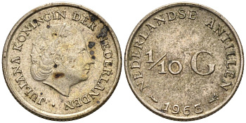 Нидерландские Антилы 1/10 гульдена 1963 Юлиана (1948-1980) KM 3 серебро 4564-515