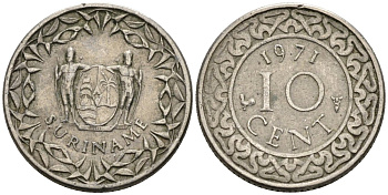 Суринам 10 центов 1971 KM 13 медно-никель 4585-851