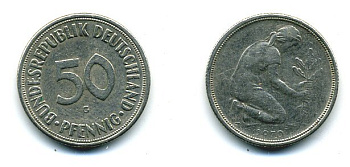ФРГ 50 ПФЕННИГОВ 1970 G KM 109.1, J 384 медно-никель 25-1844