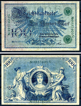 Германия 100 марок 1908 7 февраля 1908, выпуск конец 1916 - ноябрь 1918, зеленая печать Pick 34 бумага 8619-29-1-1