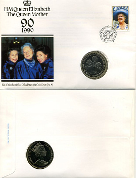 Остров Мэн 1 крона 1990 90 лет королеве-матери, в оригинальном конверте с маркой KM 307 медно-никель UNC 966-11