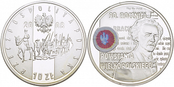 Польша 10 злотых 2008 MW, 90 лет Великопольского восстания, Игнаций Ян Падеревский, цветная эмаль KM 661 серебро PROOF 1084-7-32
