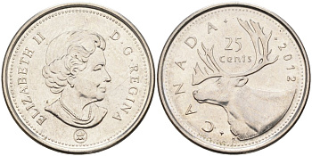 Канада 25 центов 2012 олень, Елизавета II (1952-) KM 493 никелированная сталь 4579-1114