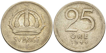 Швеция 25 эре 1944 G, Густав V (1907-1950) KM 816 серебро 116-1133