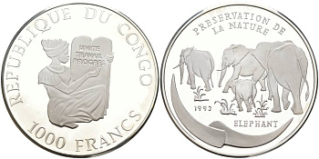 Конго 1000 франков 1993 серия охрана природы, слоны KM 13 серебро PROOF 1091-3-32