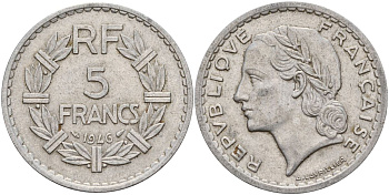 Франция 5 франков 1946 KM 888b.2 алюминий 4149-325