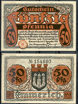 Германия, Эммерих 50 пфеннигов 1918 нотгельд, 15.11.1918 Tieste 1710/10 бумага UNC (пресс) 8614-40-1-2