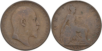 Великобритания 1 пенни 1903 Эдуард VII (1901-1910) KM 794.2, Sp 3990 бронза 4144-733