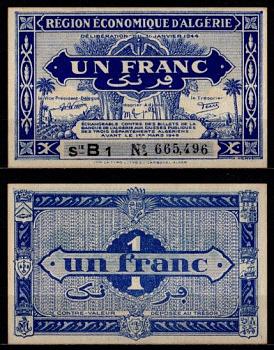 Алжир 1 франк 1944 Pick 98 a бумага UNC (пресс) 7217-16-3-2