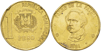 Доминиканская республика 1 песо 1991 Хуан Пабло Дуарте KM 81 медь цинк 4551-734