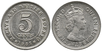 Малайя и Британское Борнео 5 центов 1957 Елизавета II (1952-2022) KM 1 медно-никель 4549-637