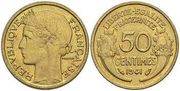 ФРАНЦИЯ 50 САНТИМОВ 1941 ТИП MORLON KM 894.1, LE FRANC 192.18 алюминиевая бронза 44-615