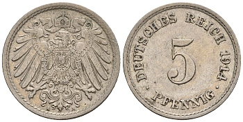 Германия 5 пфеннигов 1914 A, KM 11, J. 12 медно-никель 220-726