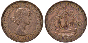 Великобритания 1/2 пенни 1965 Елизавета II (1952-2022) KM 896, Spink 4158 бронза 4122-834