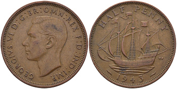 Великобритания 1/2 пенни 1943 Георг VI (1936-1952) KM 844, Spink 4115 бронза 28-334