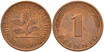 ФРГ 1 пфенниг 1989 J KM 105, J. 380 сталь плакированная медью    4598-658