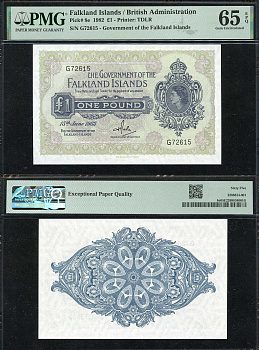 Фолклендские острова 1 фунт 1982 Елизавета II (1952-2022), 15 июня 1982, в слабе PMG 65 Gem Unc Pick 8 e  бумага  UNC (пресс) 452-2-63