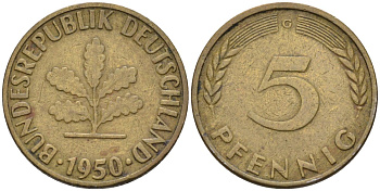 ФРГ 5 пфеннигов 1950 G KM 107, J. 382 сталь плакированная латунью 4585-767