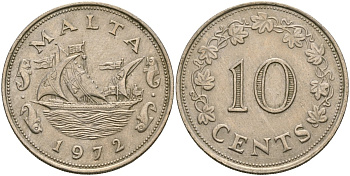 Мальта 10 центов 1972 баржа Великого магистра KM 11 медно-никель 4137-844