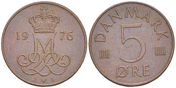Дания 5 эре 1976 S; B, Маргрете II (1972- ) KM 859.1 железо плакированное медью 4551-141