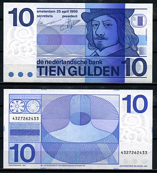 Нидерланды 10 гульденов 1968 25 апреля 1968, Frans Hals, Plain bullseye at upper left on back Pick 91b бумага UNC (пресс) 2195-13-2-1