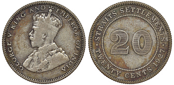 Стрейтс-Сетлментс 20 центов 1927 Георг V (1910-1936) КМ 30b серебро 53-815