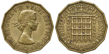 Великобритания 3 пенса 1954 Елизавета II (1952-2022) KM 900, Spink 4153 никель латунь 72-1755