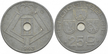 БЕЛЬГИЯ 25 САНТИМОВ 1943 BELGIQUE - BELGIE, ГЕРМАНСКАЯ ОККУПАЦИЯ, ВТОРАЯ МИРОВАЯ ВОЙНА KM 131 цинк 87-1551