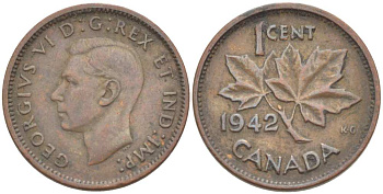 Канада 1 цент 1942 Георг VI (1937-1952), кленовый лист KM 32 бронза 3309-1256