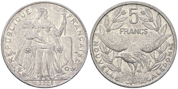 Французская Новая Каледония 5 франков 2008 птица кагу, (IEOM) KM 16, Schoen 12, Lec 81k алюминий 215-741