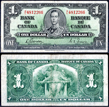 Канада 1 доллар 1937 Георг VI, Аллегорический женский портрет Pick 58 d бумага 451-412-1