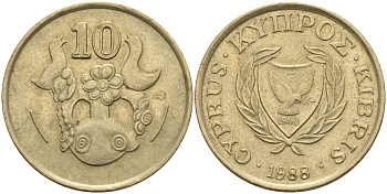 Кипр 10 центов 1988 KM 56.2 никель латунь 4141-1146