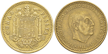 ИСПАНИЯ 1 ПЕСЕТА 1966 (68) ФРАНСИСКО ФРАНКО ДИКТАТОР ИСПАНИИ ( 1939- 1975) KM 796 алюминиевая бронза 216-613