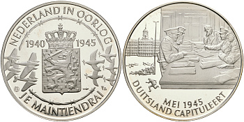 Нидерланды медаль ND Голландия в войне 1940-1945, капитуляция Германии в мае 1945 года, 31,3 гр, 45,0 мм  серебро  PROOF  11-324-41